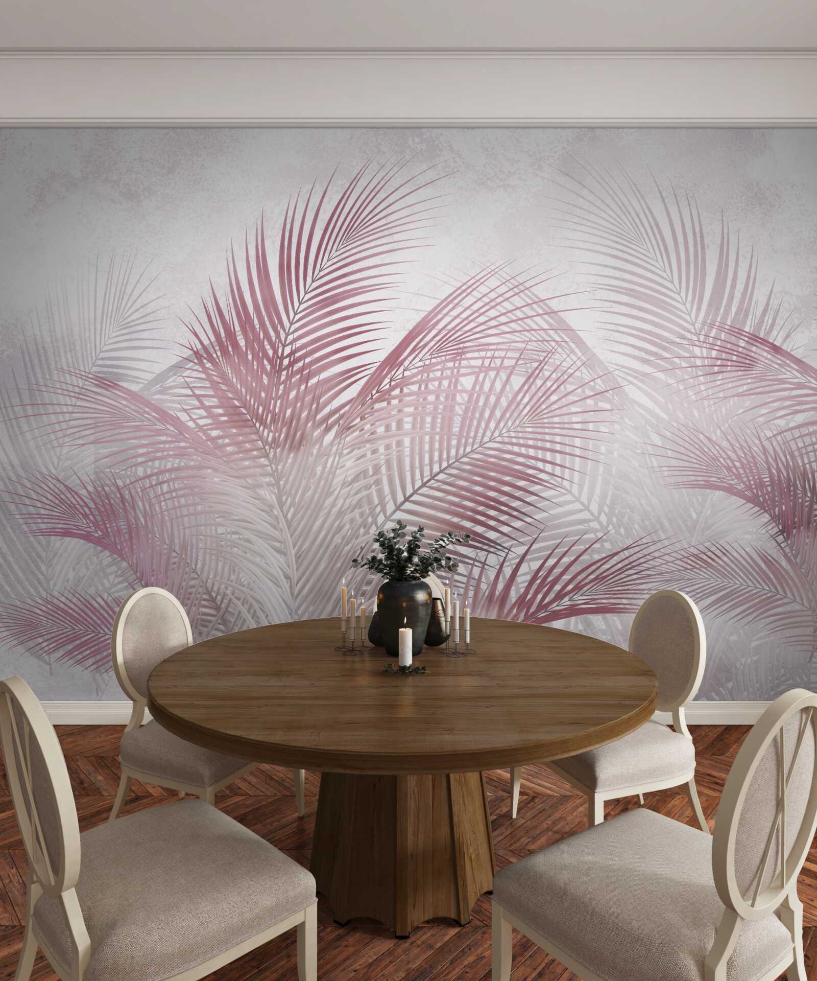 Fototapeta mgliste, różowe liście palm