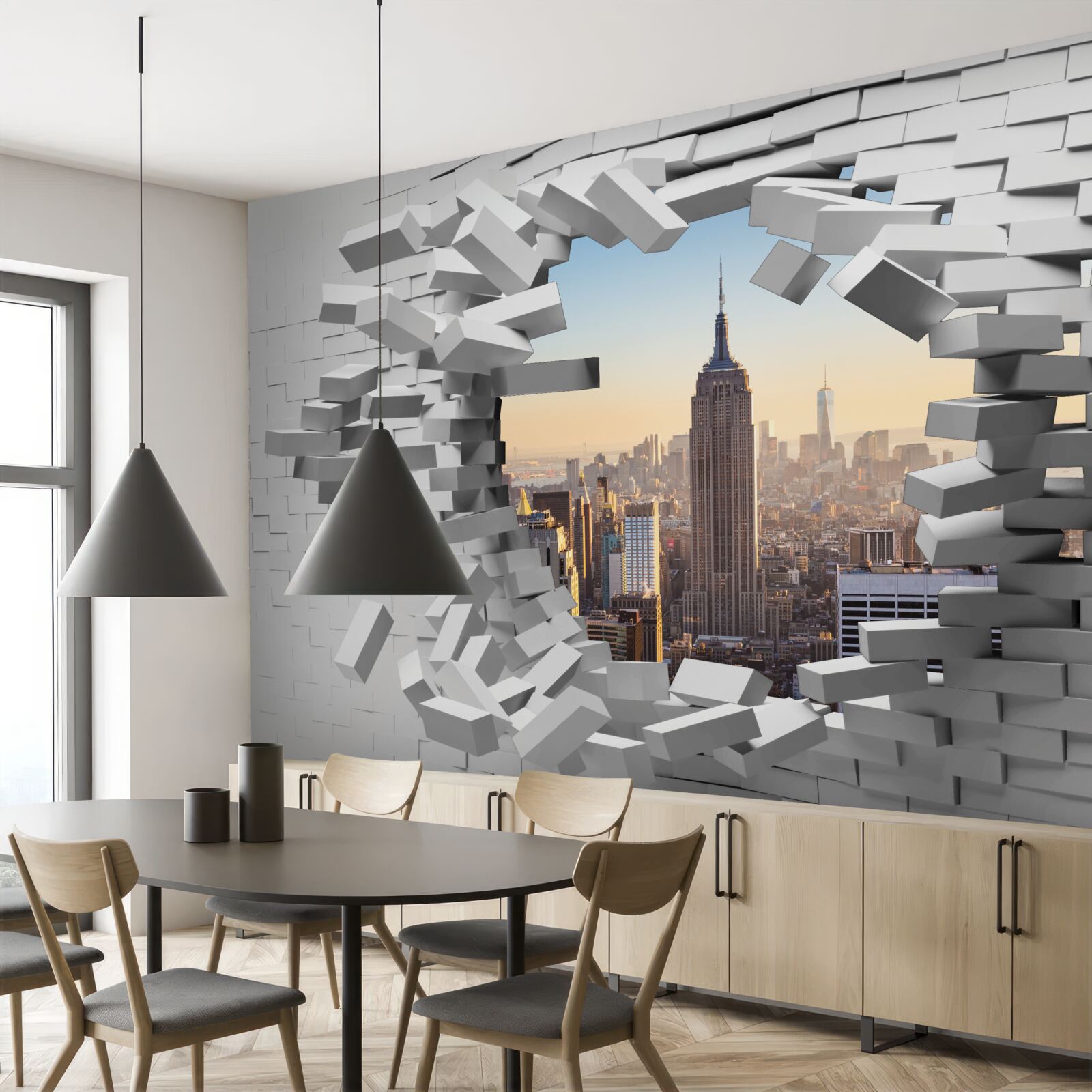 Fototapeta patrząc przez zniszczoną ścianę empire state building