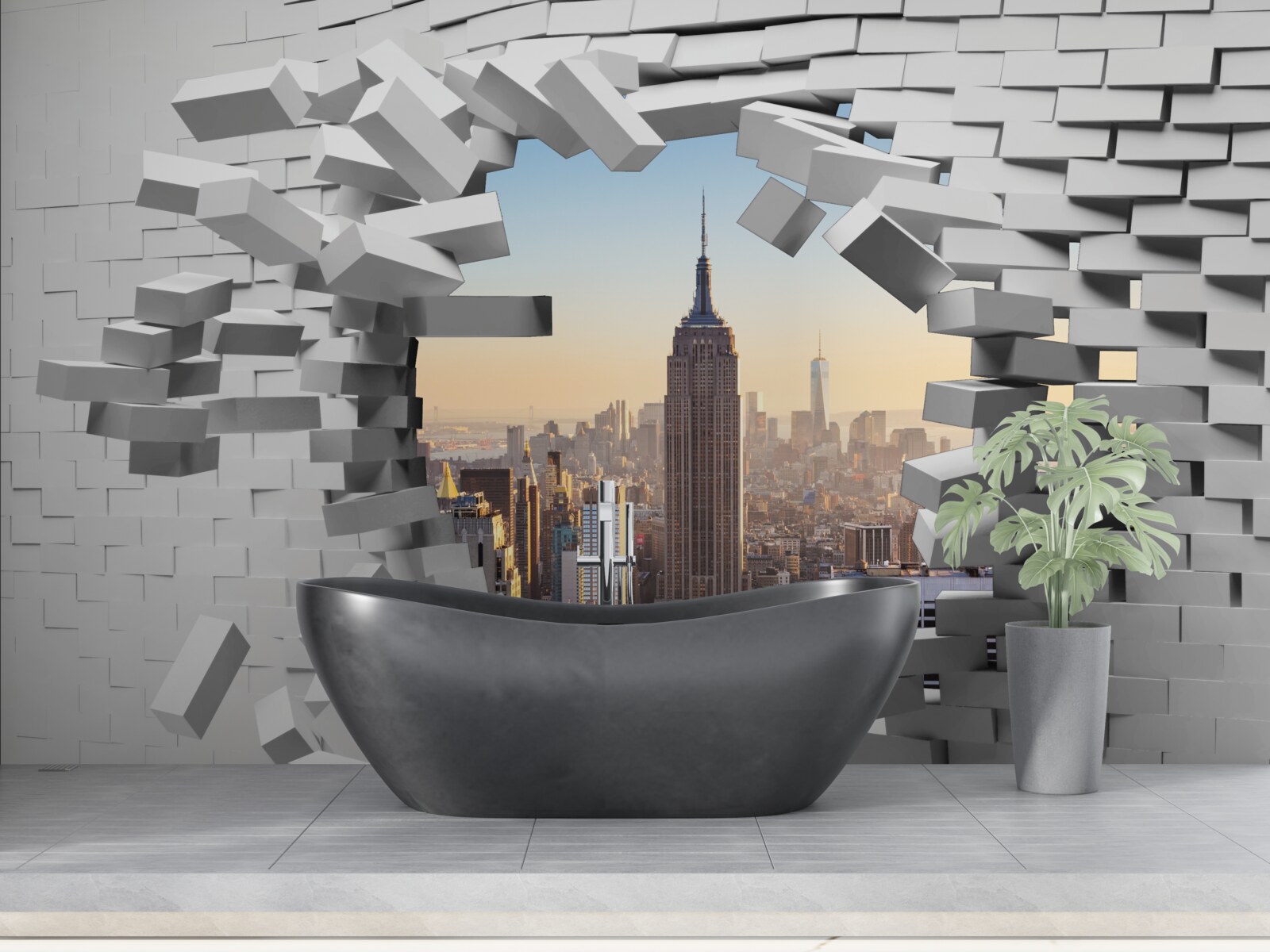 Fototapeta patrząc przez zniszczoną ścianę empire state building