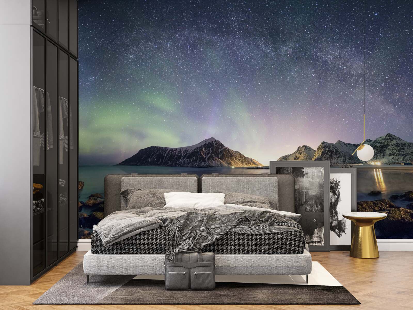 Fototapeta nocne niebo ozdobione gwiazdami i oświetlone zorzą polarną