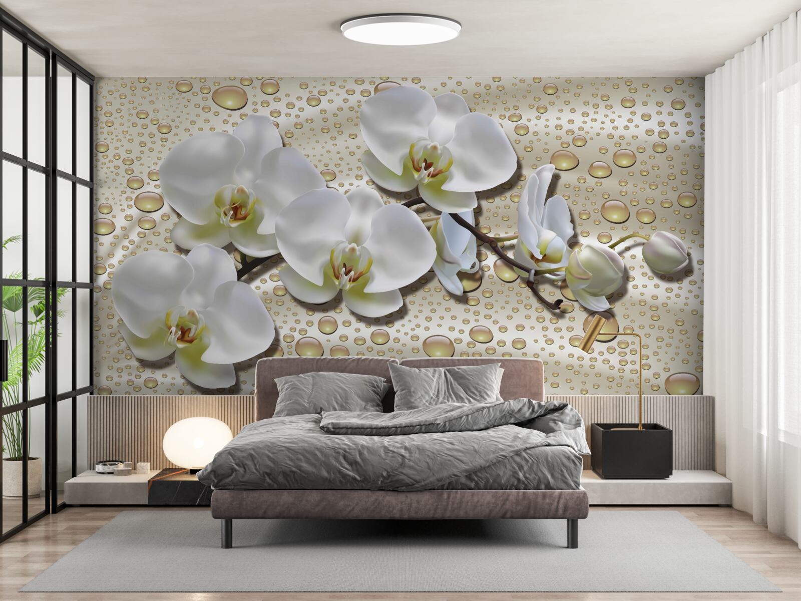 Fototapeta gałąź białej orchidei zwilżona deszczem na jedwabiu