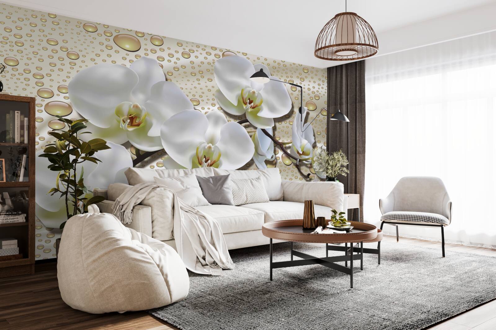 Fototapeta gałąź białej orchidei zwilżona deszczem na jedwabiu