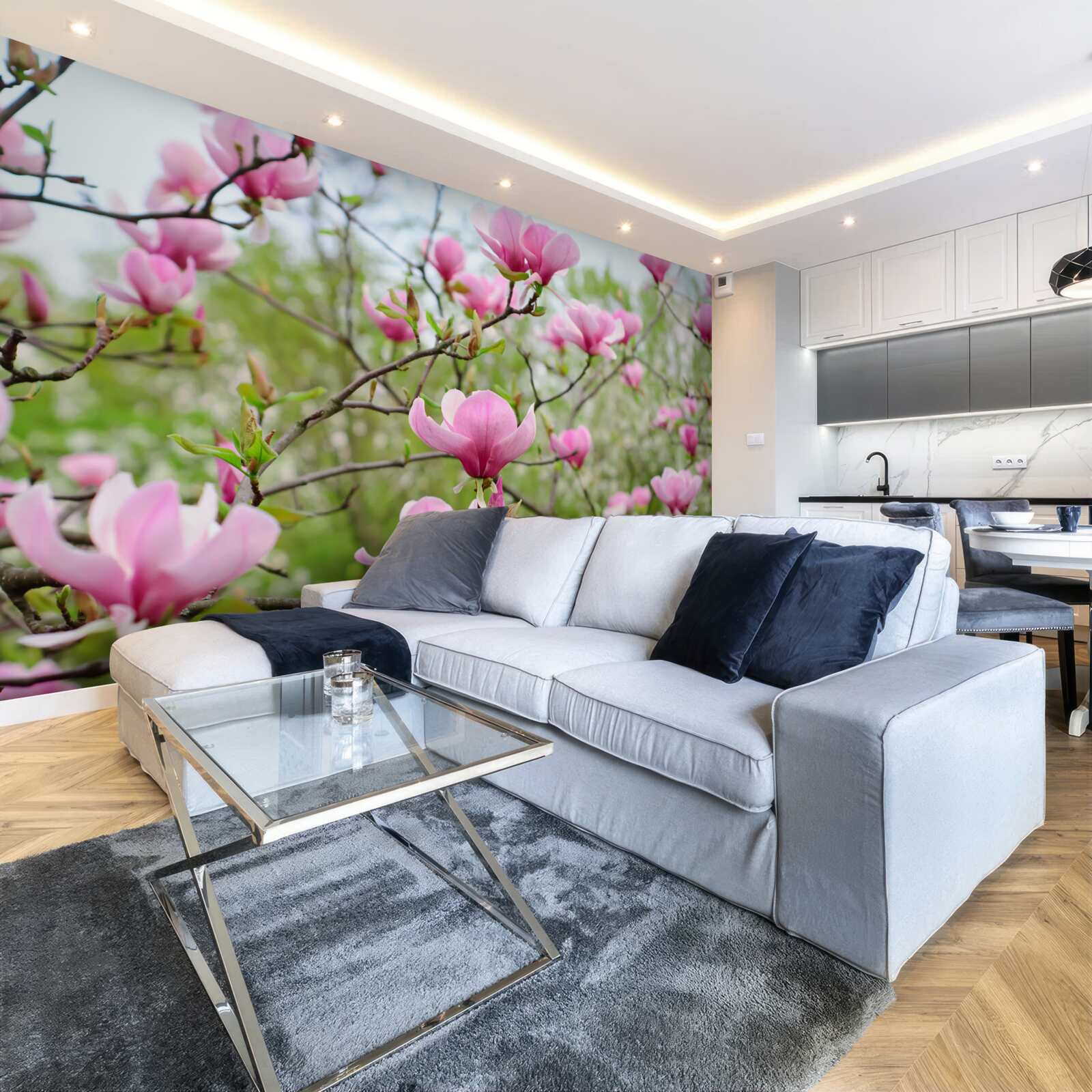 Fototapeta ogród magnolii z różowymi kwiatami latem