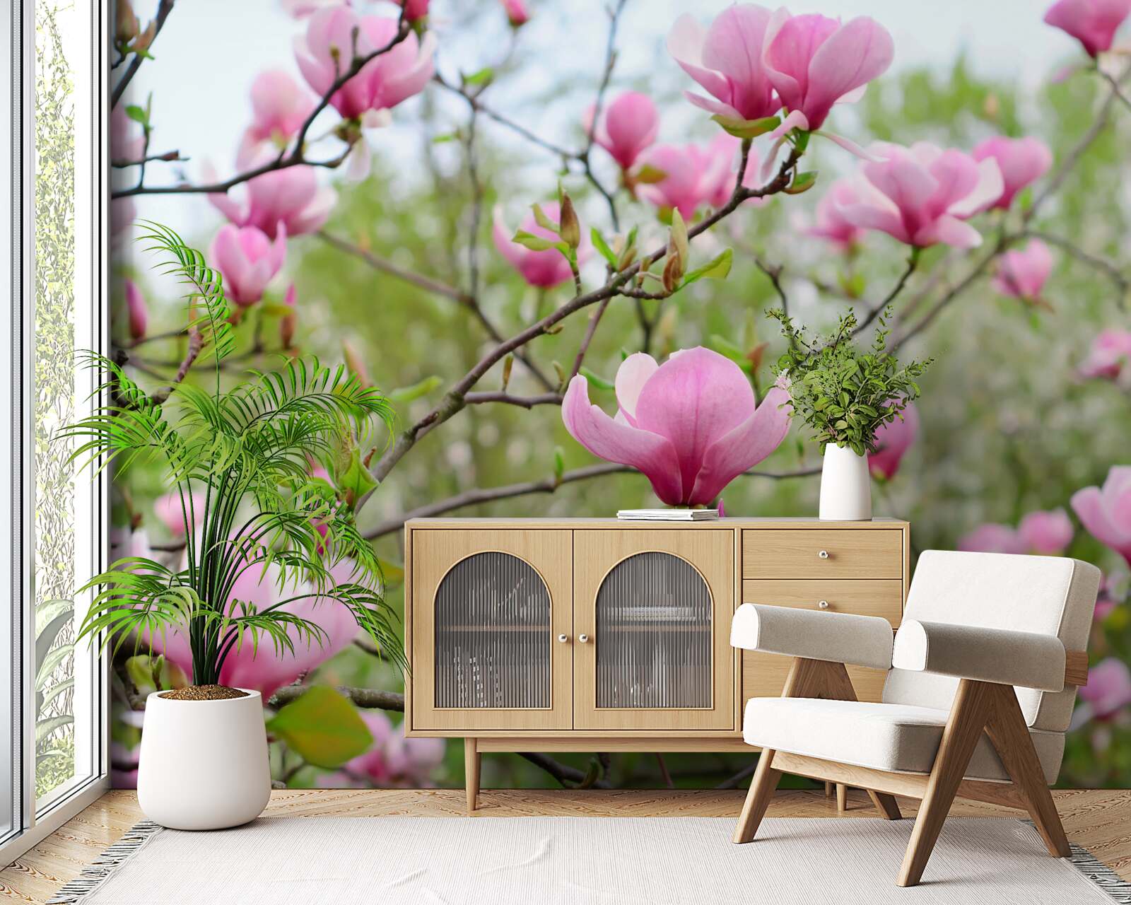 Fototapeta ogród magnolii z różowymi kwiatami latem