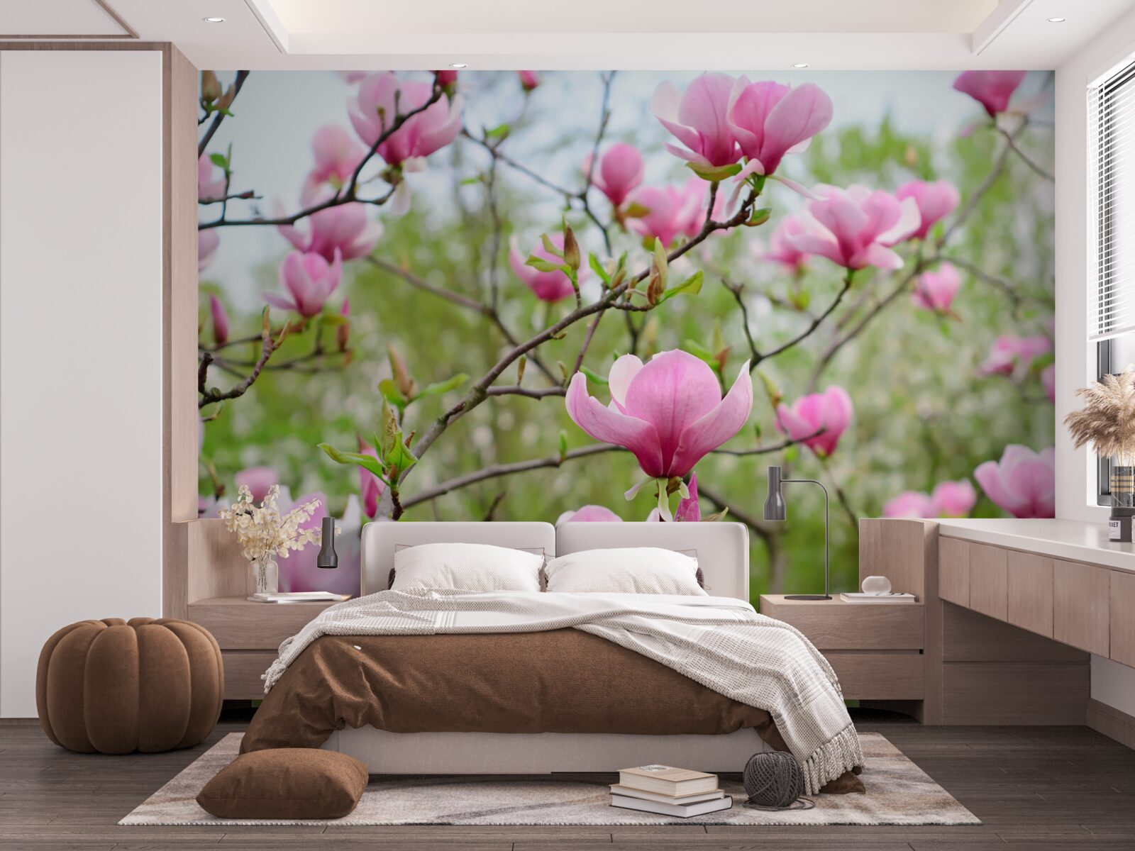 Fototapeta ogród magnolii z różowymi kwiatami latem