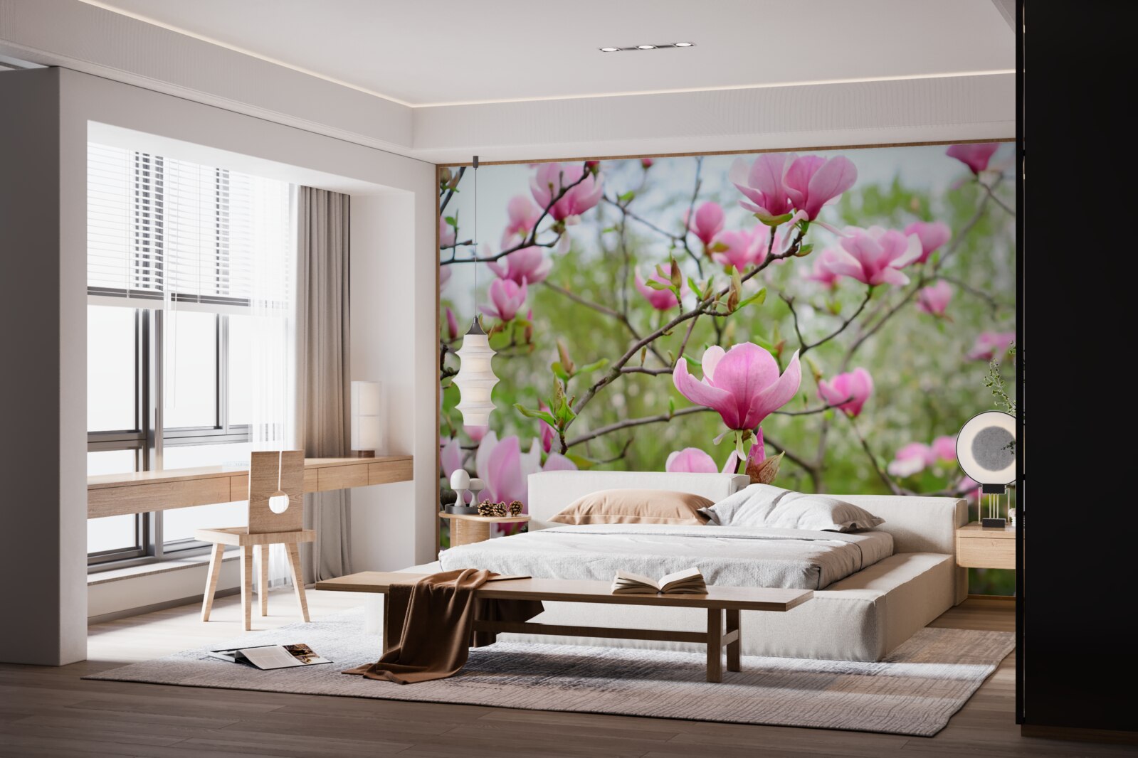 Fototapeta ogród magnolii z różowymi kwiatami latem