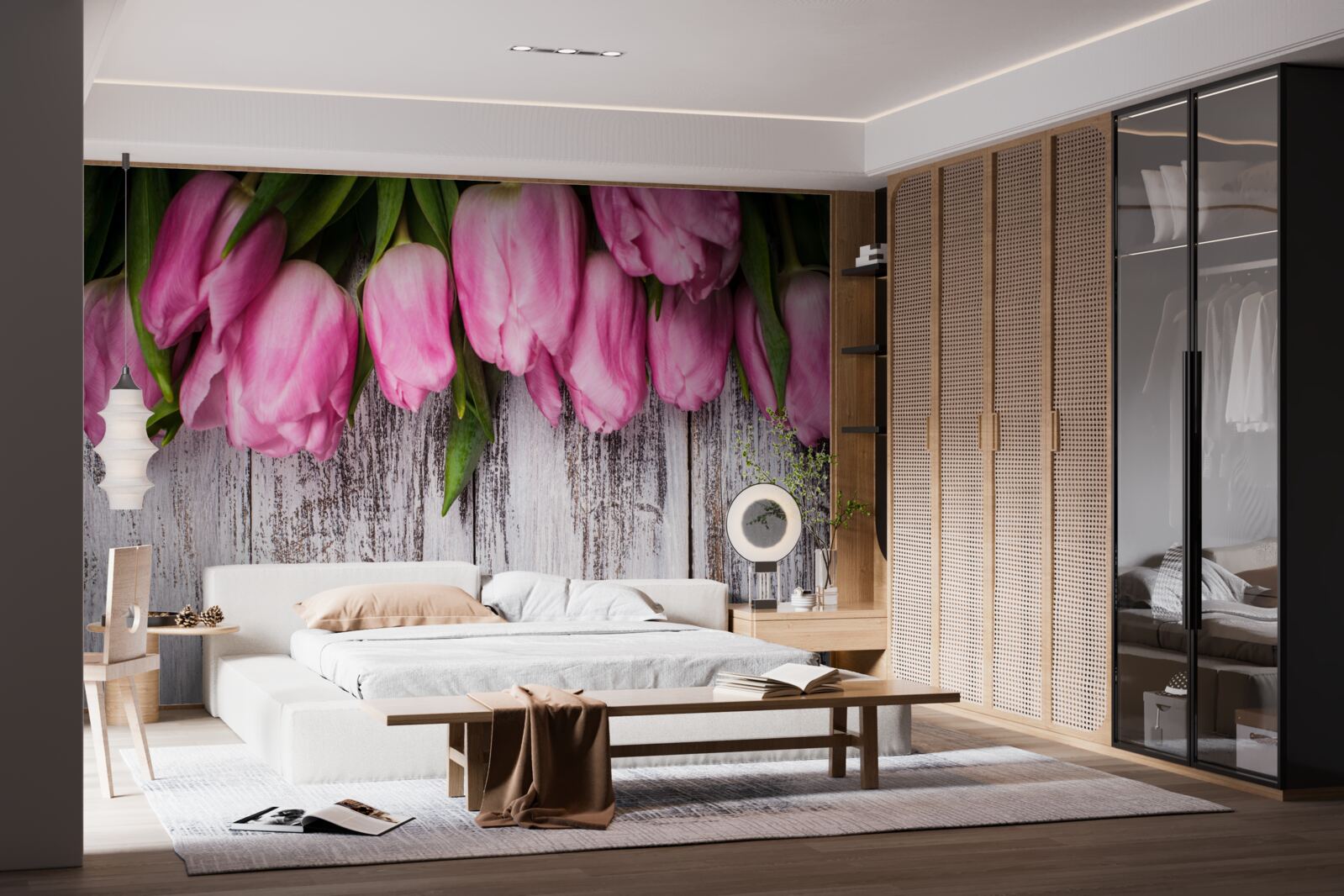Fototapeta różowe tulipany na drewnianym tle