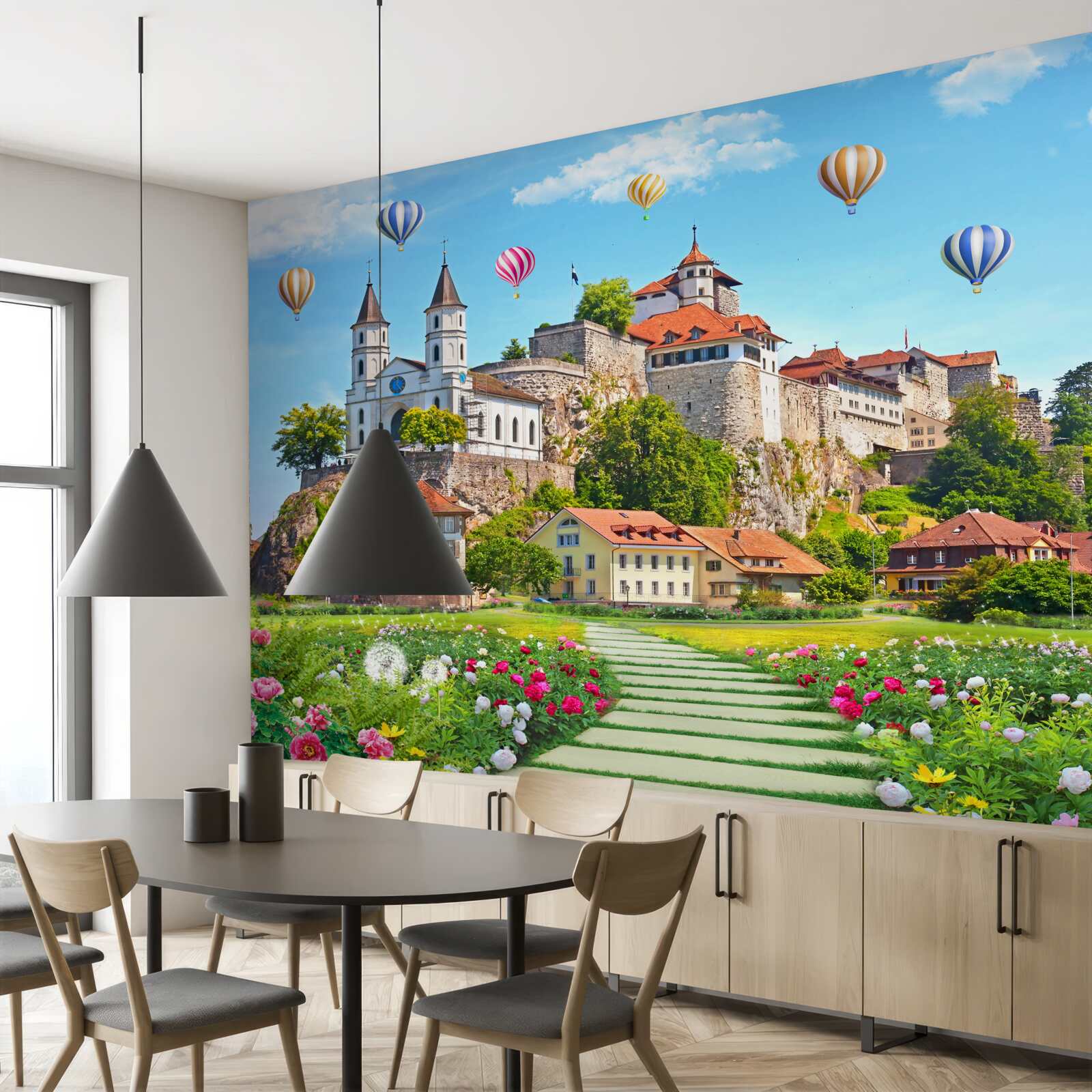 Fototapeta wielokolorowe balony latają wysoko nad dachami miast