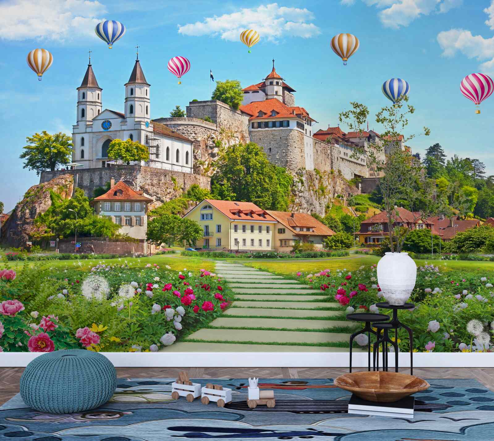 Fototapeta wielokolorowe balony latają wysoko nad dachami miast