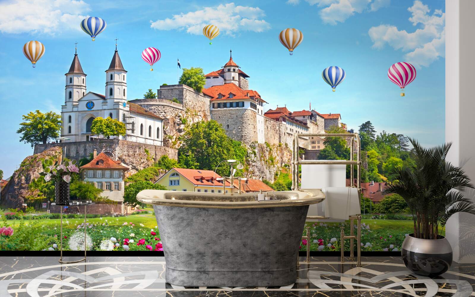 Fototapeta wielokolorowe balony latają wysoko nad dachami miast