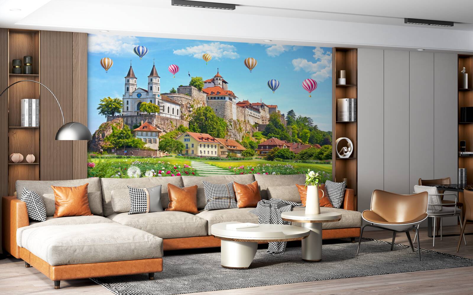 Fototapeta wielokolorowe balony latają wysoko nad dachami miast