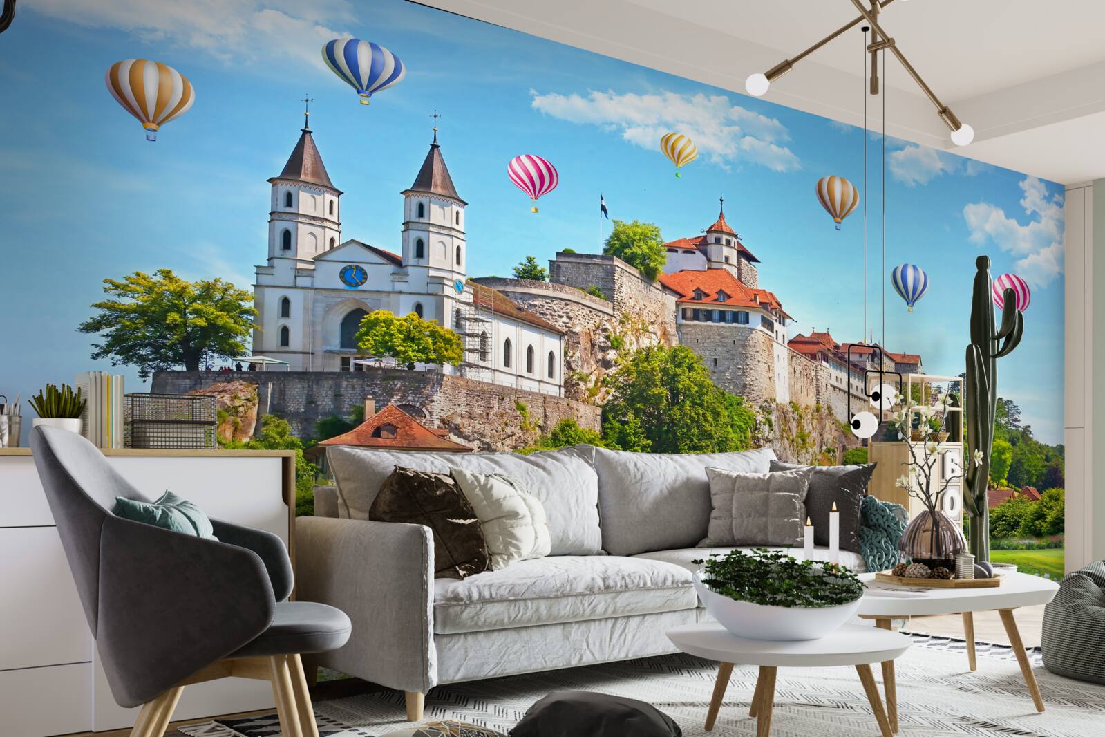 Fototapeta wielokolorowe balony latają wysoko nad dachami miast