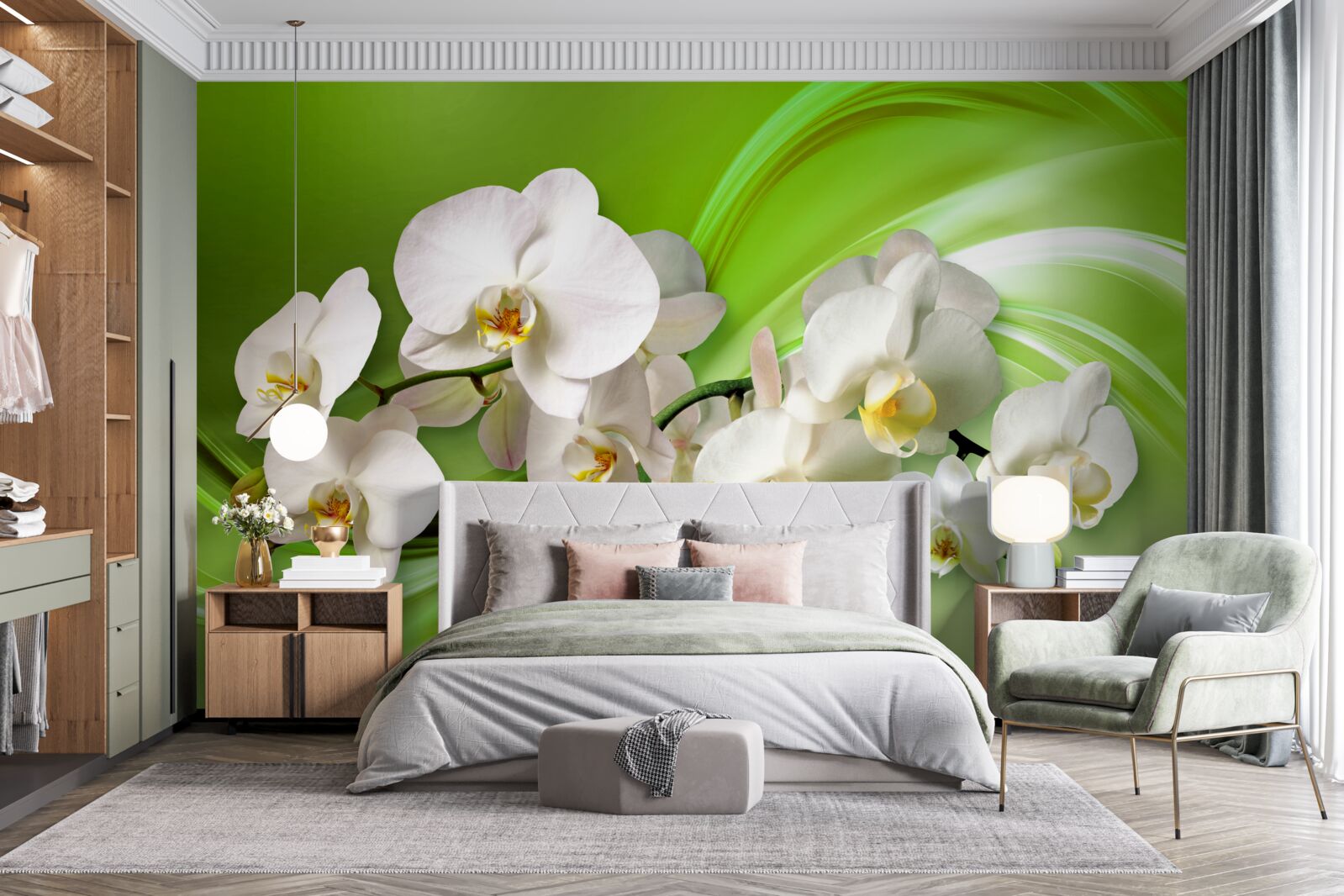 Fototapeta białe orchidee znajdujące się na gałęzi na zielonym tle