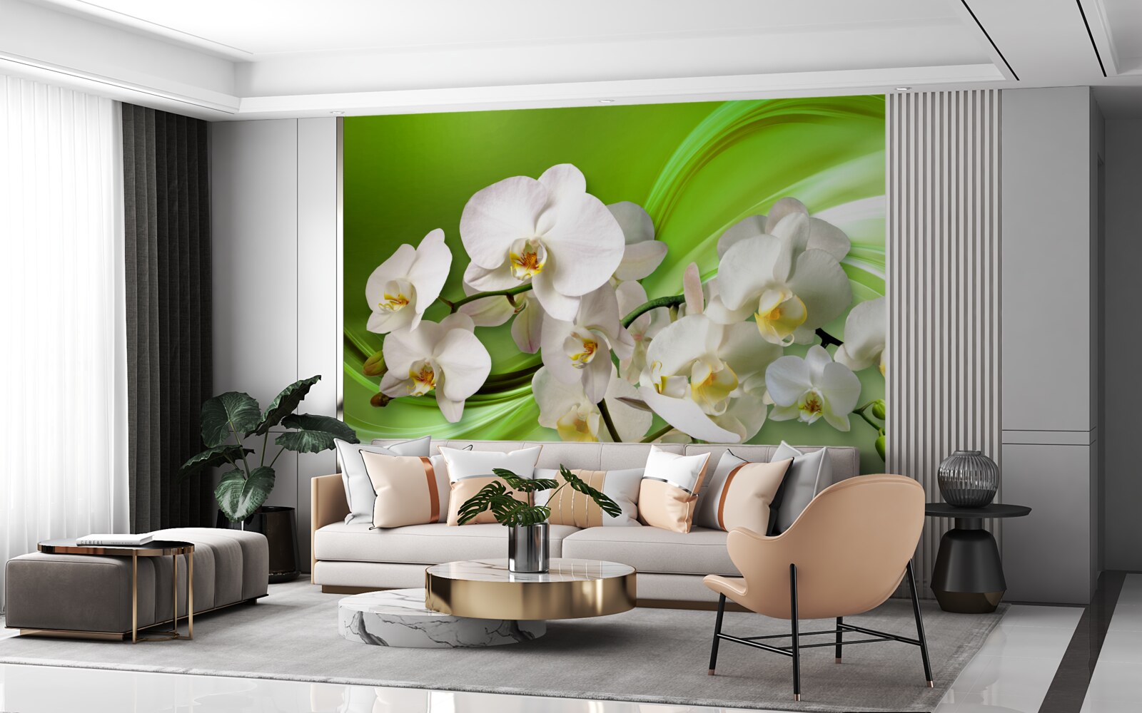 Fototapeta białe orchidee znajdujące się na gałęzi na zielonym tle