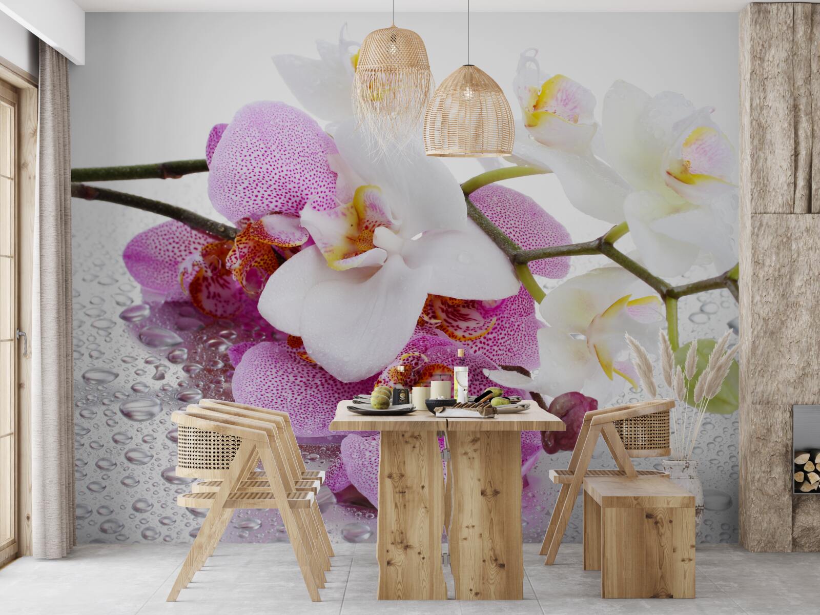 Fototapeta krople rosy na gałęziach białej i liliowej orchidei