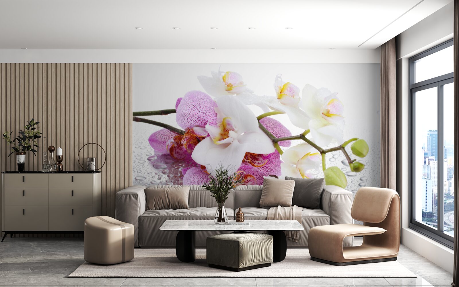 Fototapeta krople rosy na gałęziach białej i liliowej orchidei