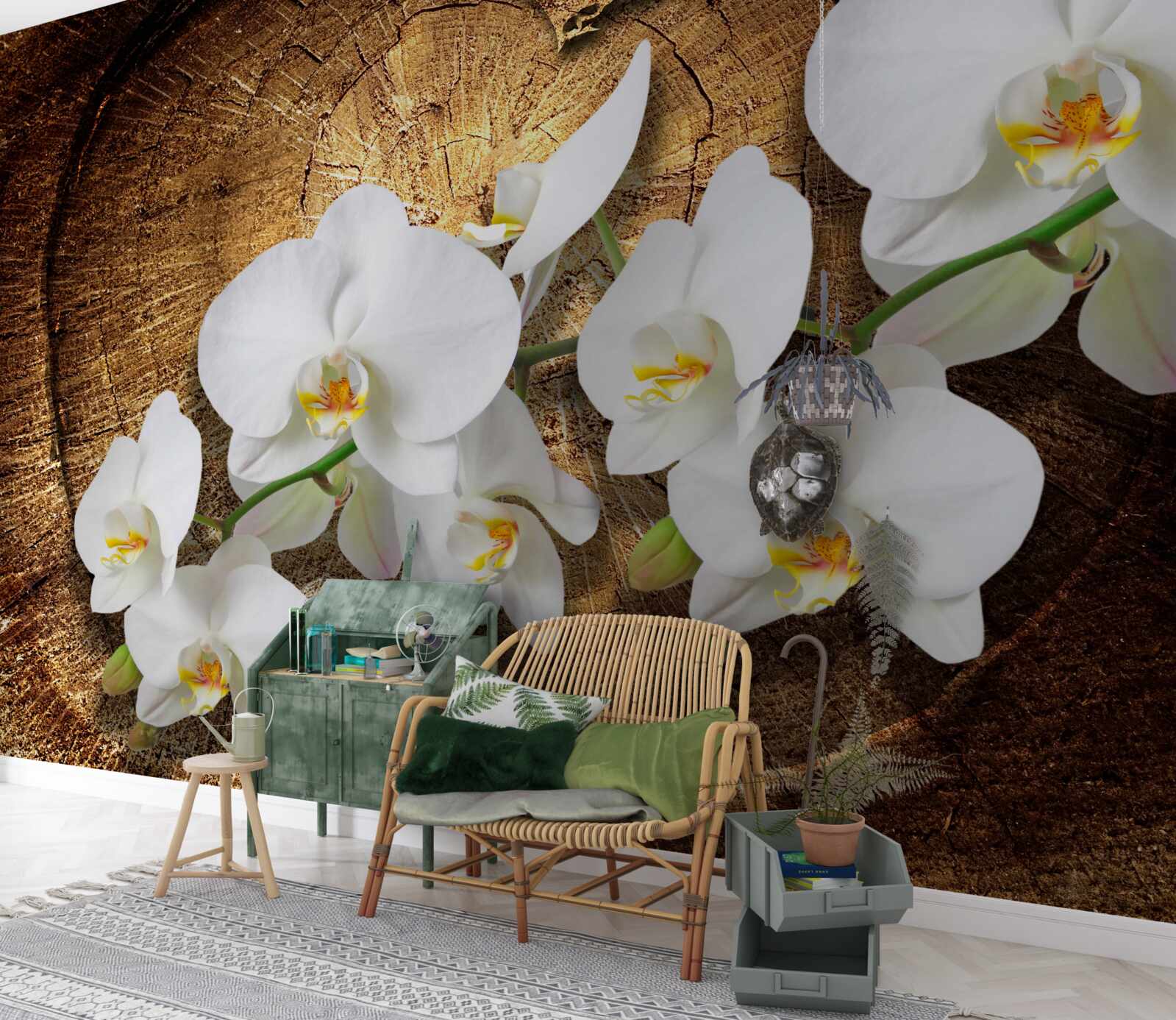 Fototapeta Śnieżnobiała orchidea na pociętym pniu drzewa