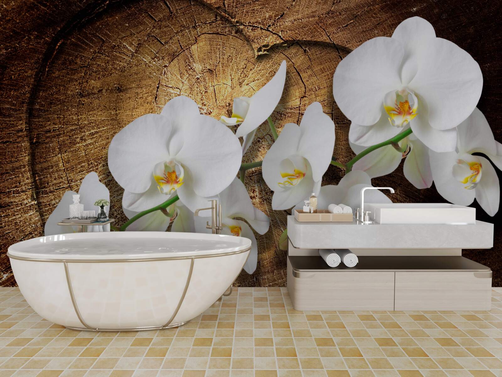 Fototapeta Śnieżnobiała orchidea na pociętym pniu drzewa