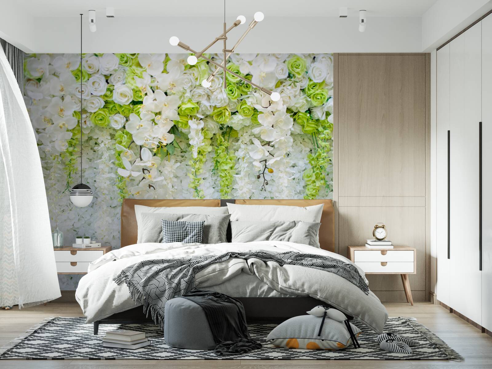 Fototapeta białe orchidee pokryły ścianę kwiatowym dywanem