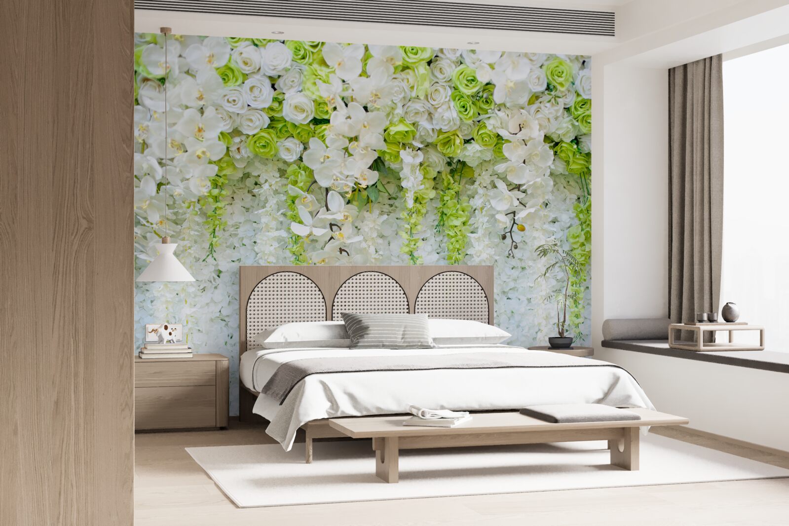 Fototapeta białe orchidee pokryły ścianę kwiatowym dywanem