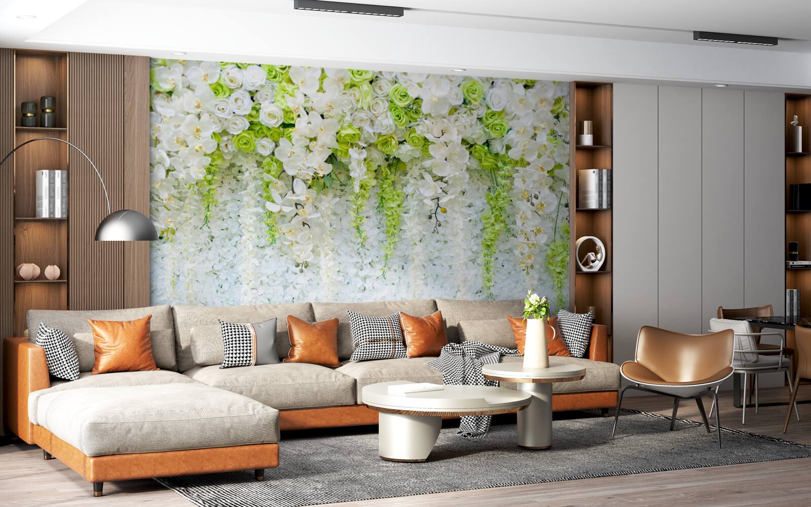 Fototapeta białe orchidee pokryły ścianę kwiatowym dywanem