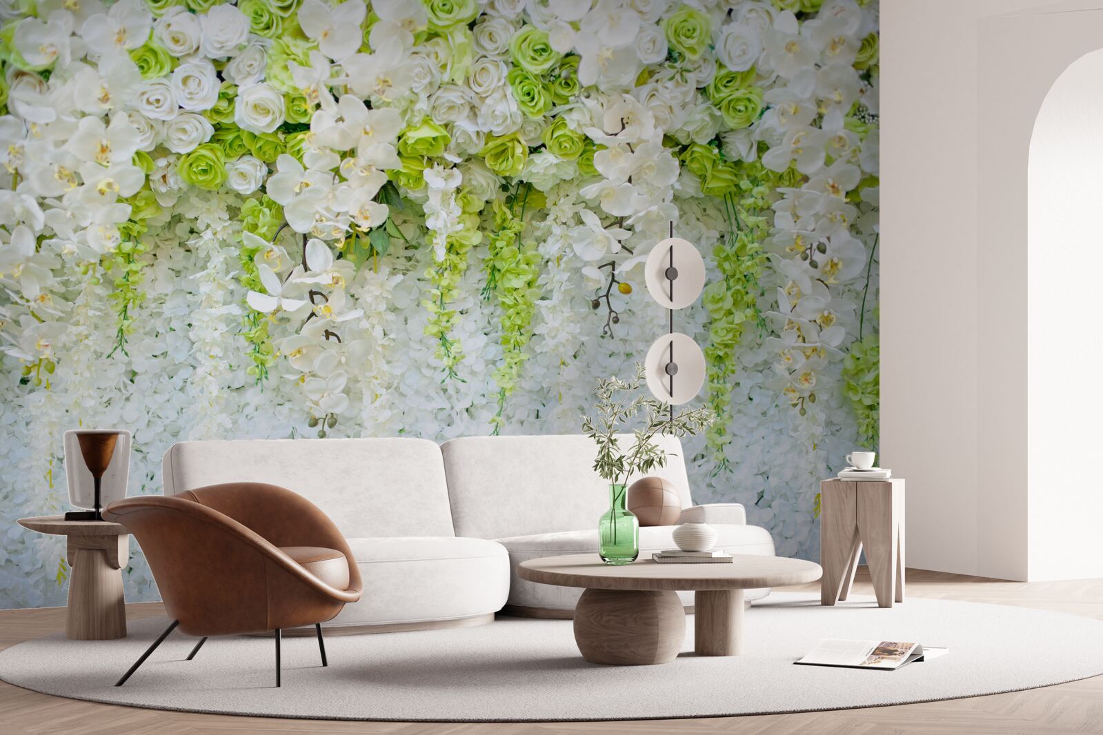 Fototapeta białe orchidee pokryły ścianę kwiatowym dywanem