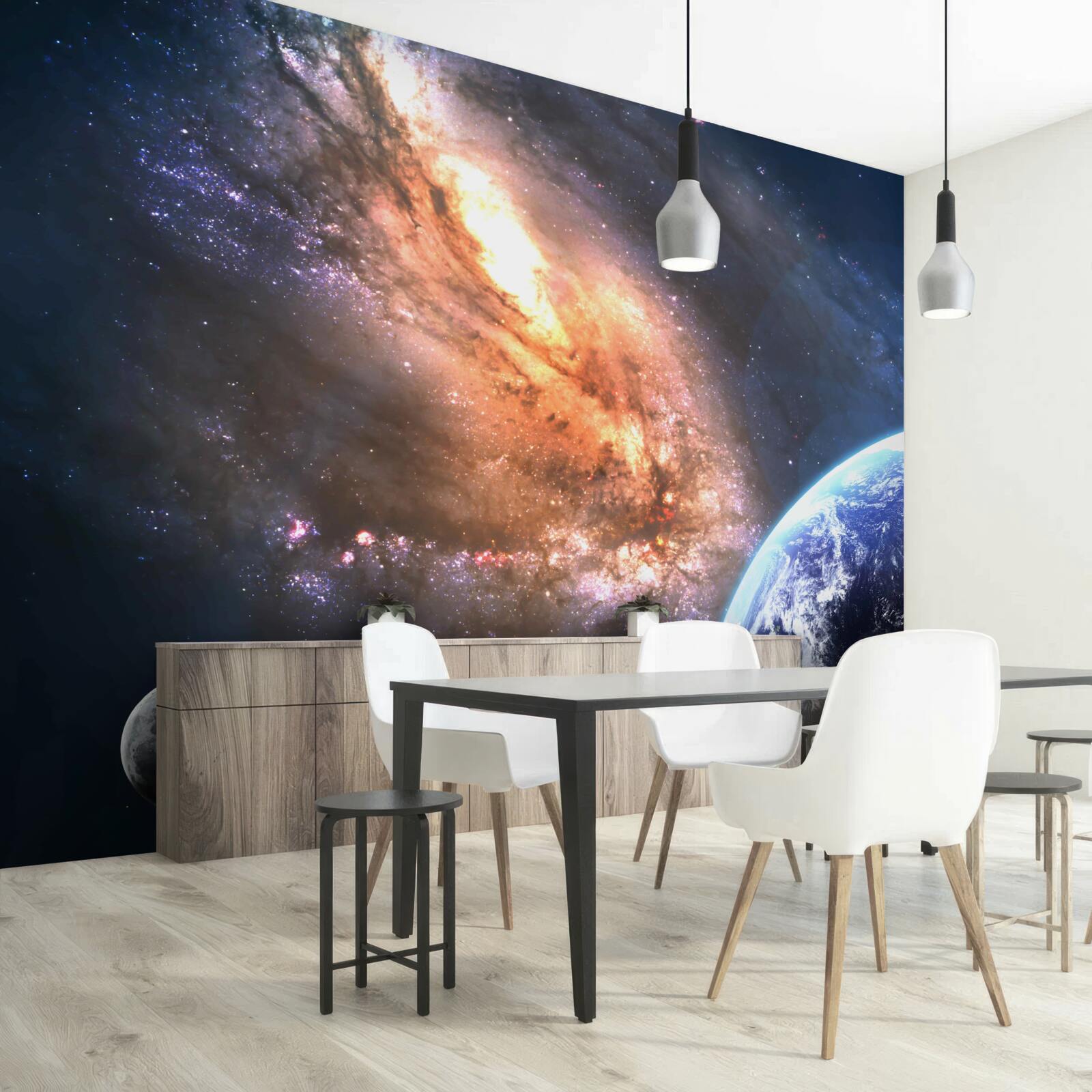 Fototapeta planeta, satelita i nowo odkryta galaktyka