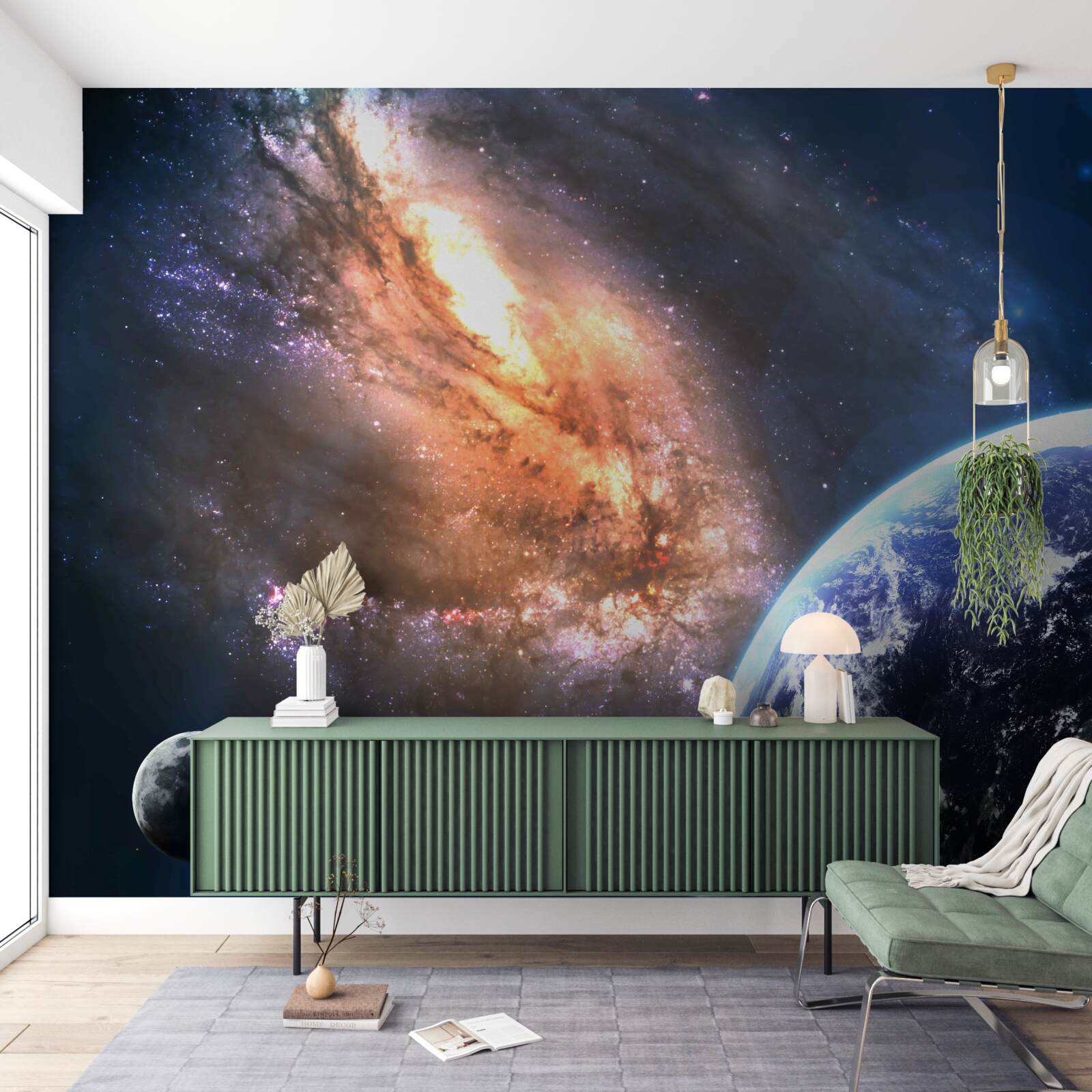 Fototapeta planeta, satelita i nowo odkryta galaktyka