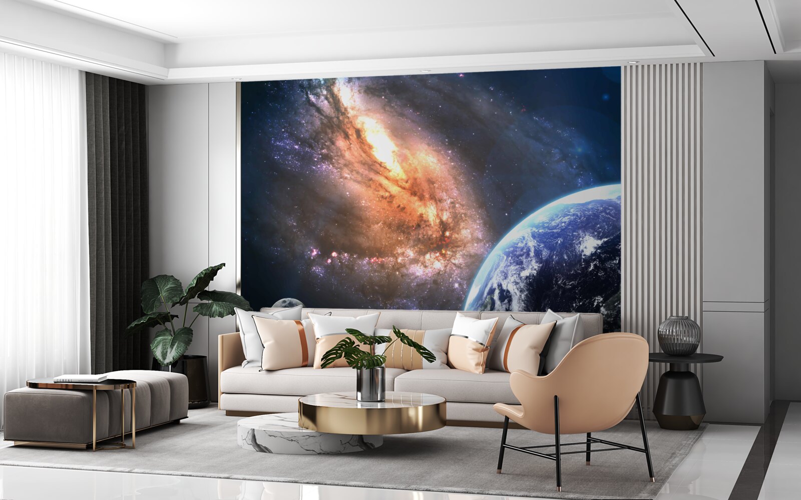 Fototapeta planeta, satelita i nowo odkryta galaktyka