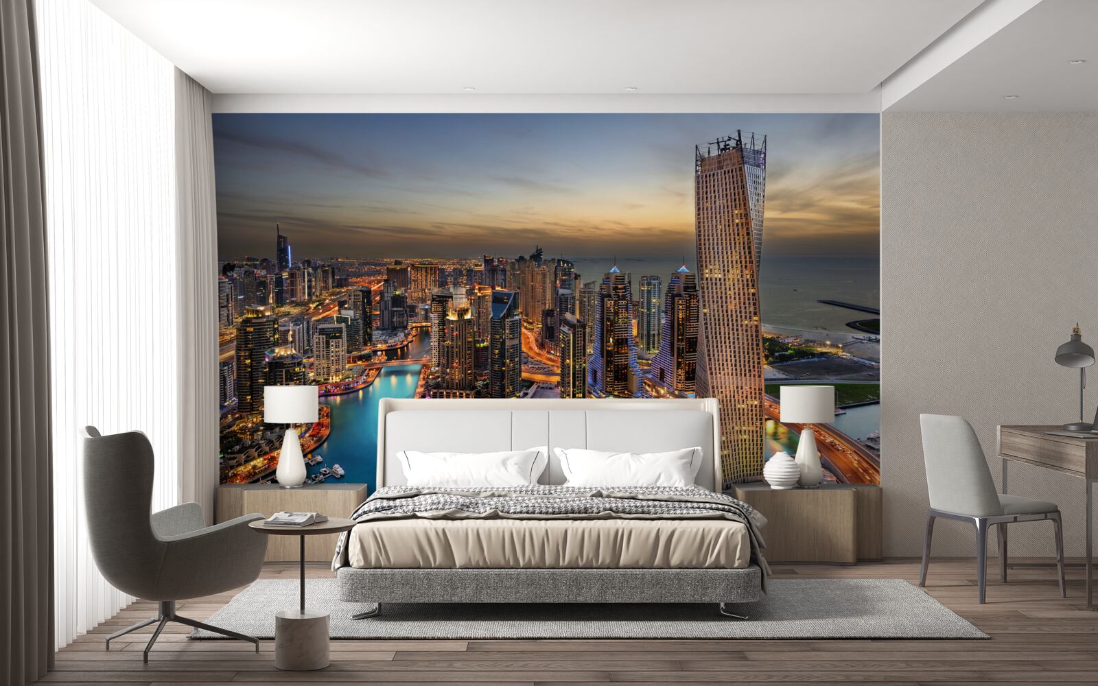 Fototapeta panorama wieczornych budynków w dubaju