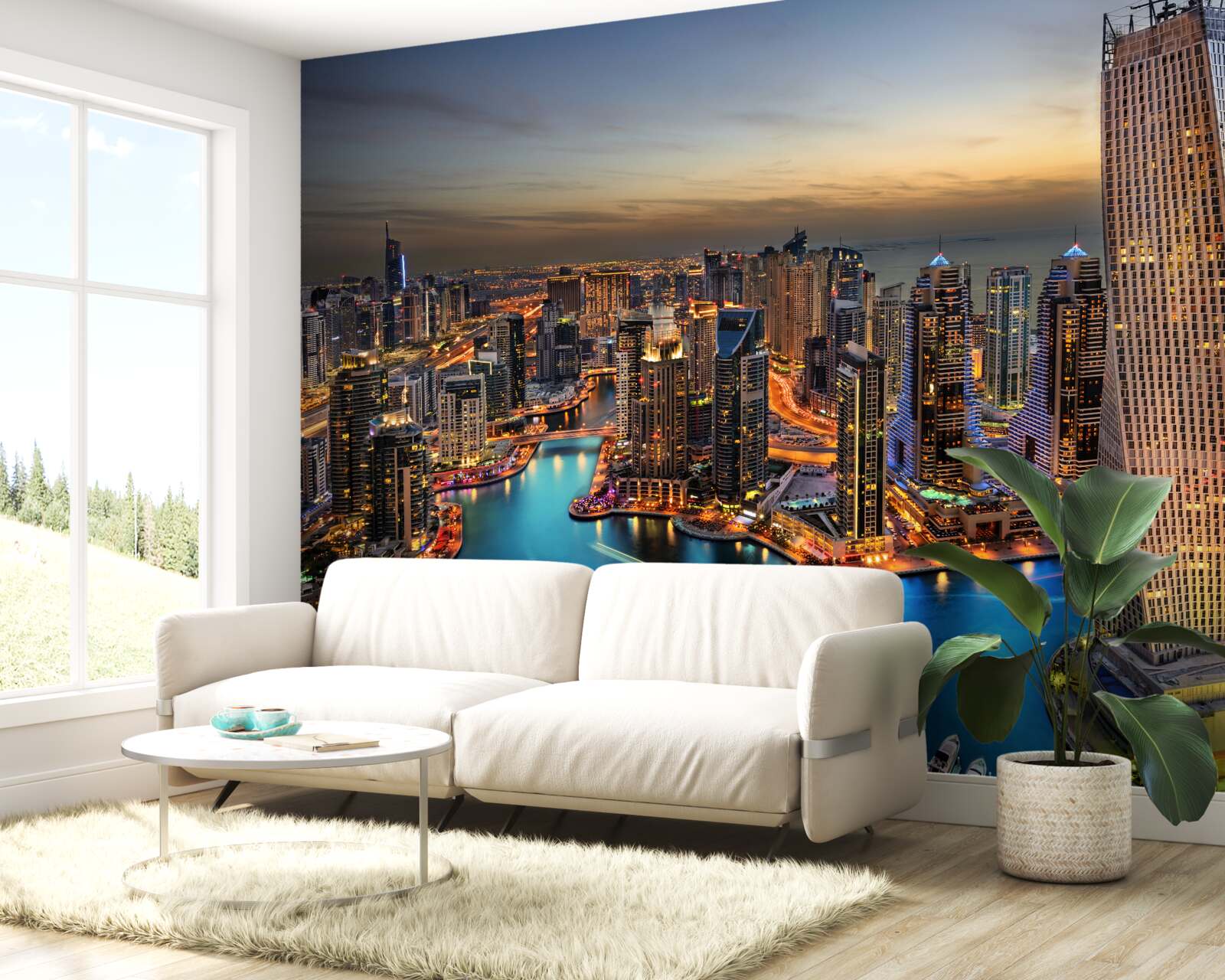 Fototapeta panorama wieczornych budynków w dubaju