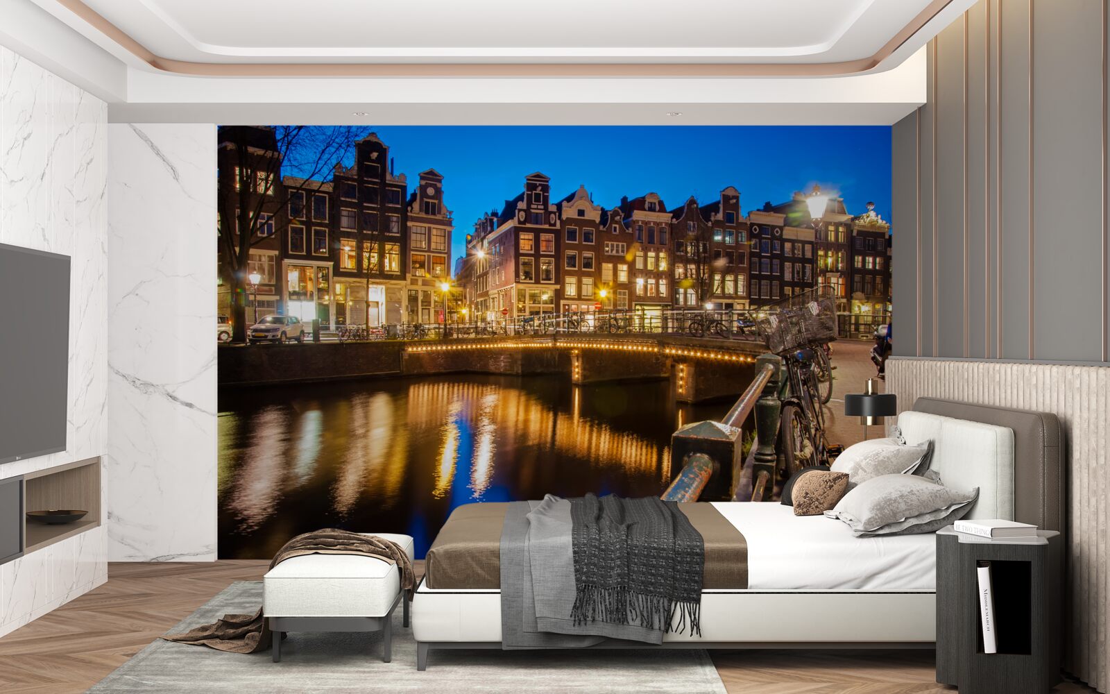 Fototapeta odbicie amsterdamu nocą w wodzie