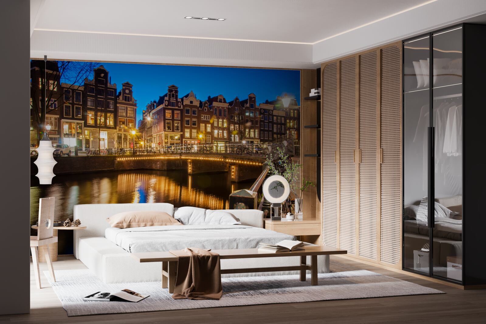 Fototapeta odbicie amsterdamu nocą w wodzie