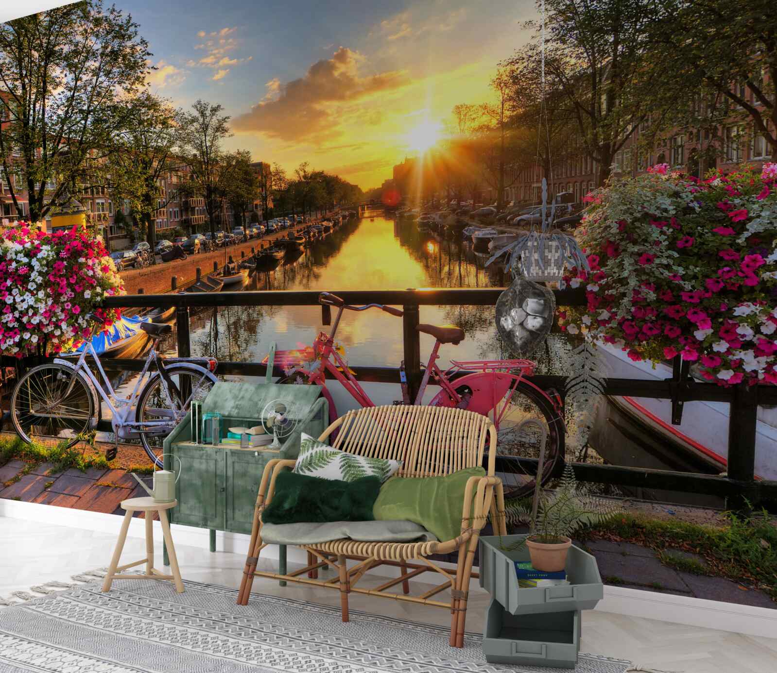 Fototapeta zachód słońca w amsterdamie z rowerami w tle