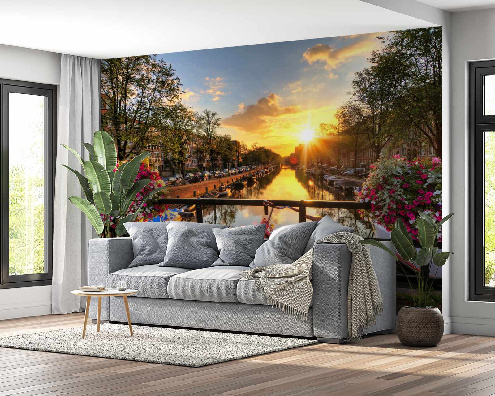 Fototapeta zachód słońca w amsterdamie z rowerami w tle