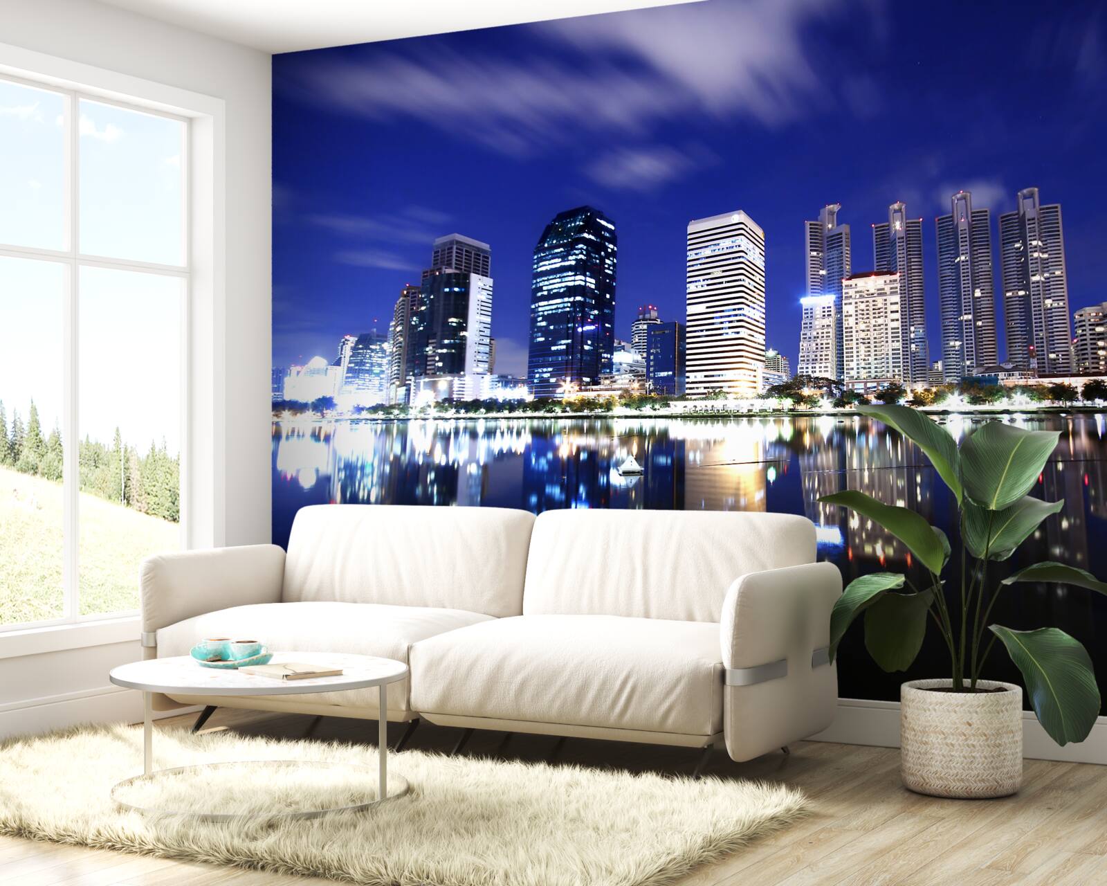 Fototapeta odbicie drapaczy chmur w wodzie w nocy