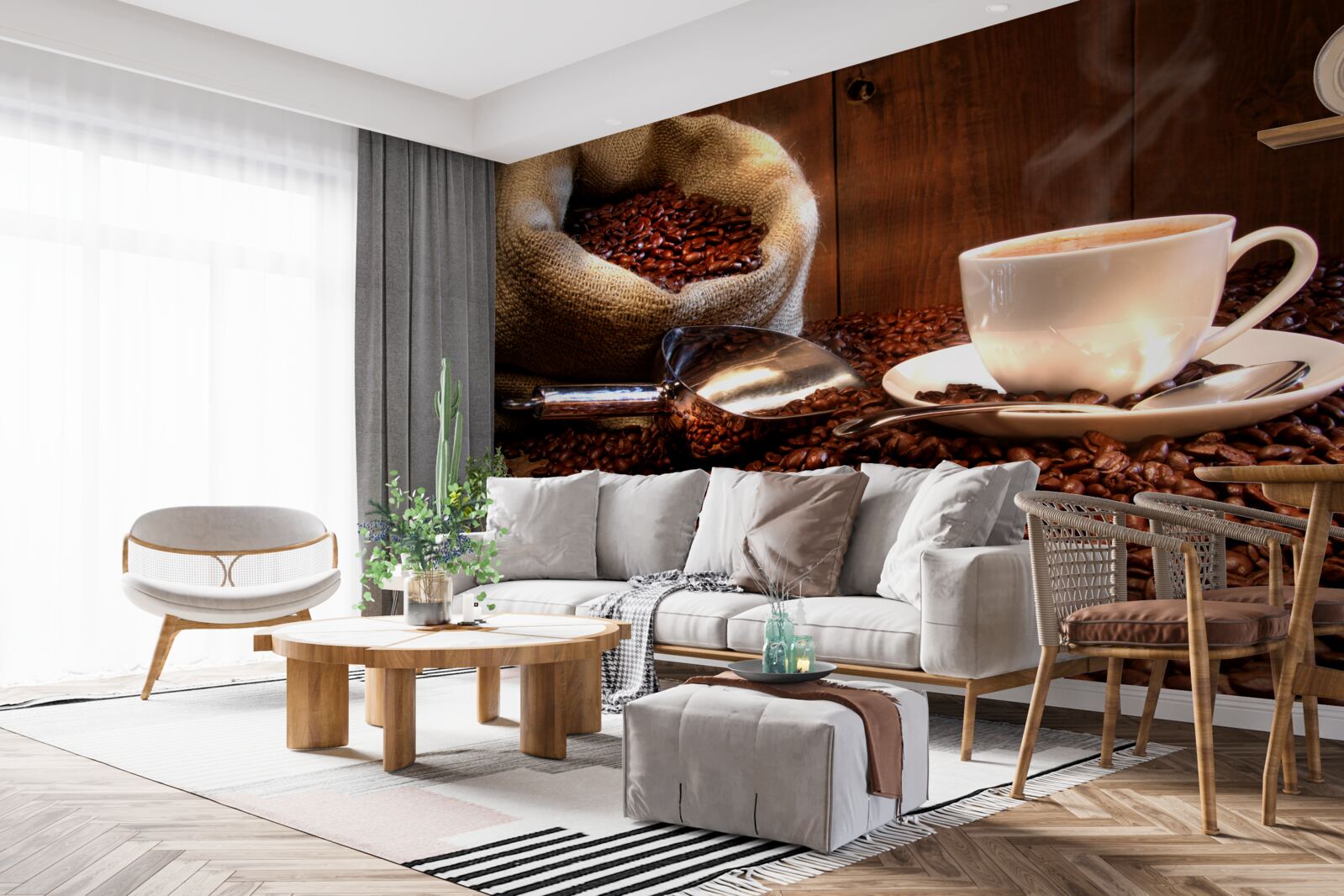 Fototapeta ziarna kawy i kubek z tym napojem
