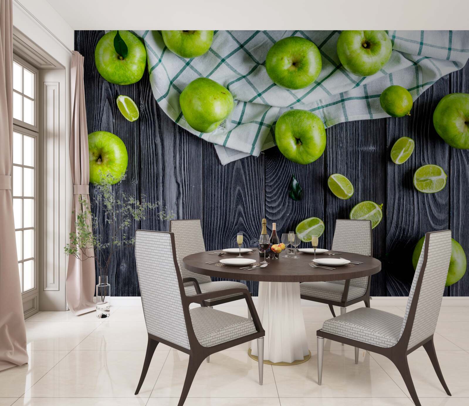 Fototapeta na stole leżą limonki i zielone jabłka