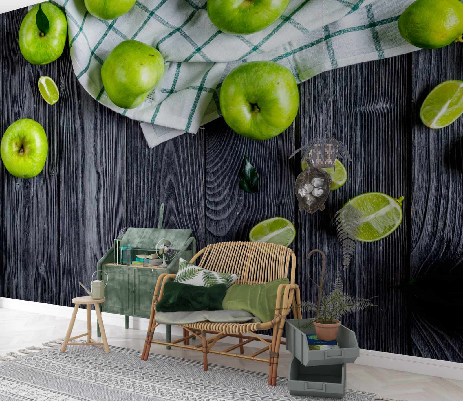 Fototapeta na stole leżą limonki i zielone jabłka