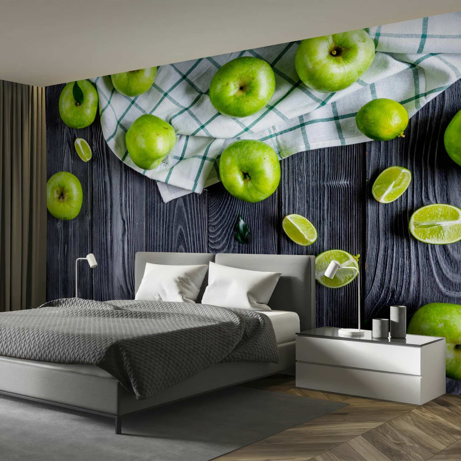 Fototapeta na stole leżą limonki i zielone jabłka