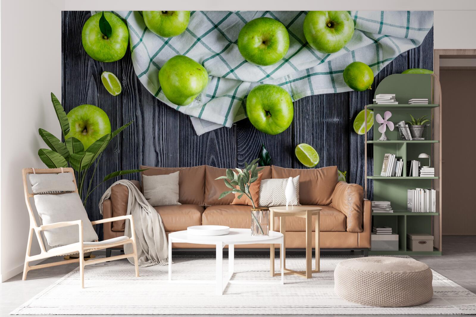 Fototapeta na stole leżą limonki i zielone jabłka