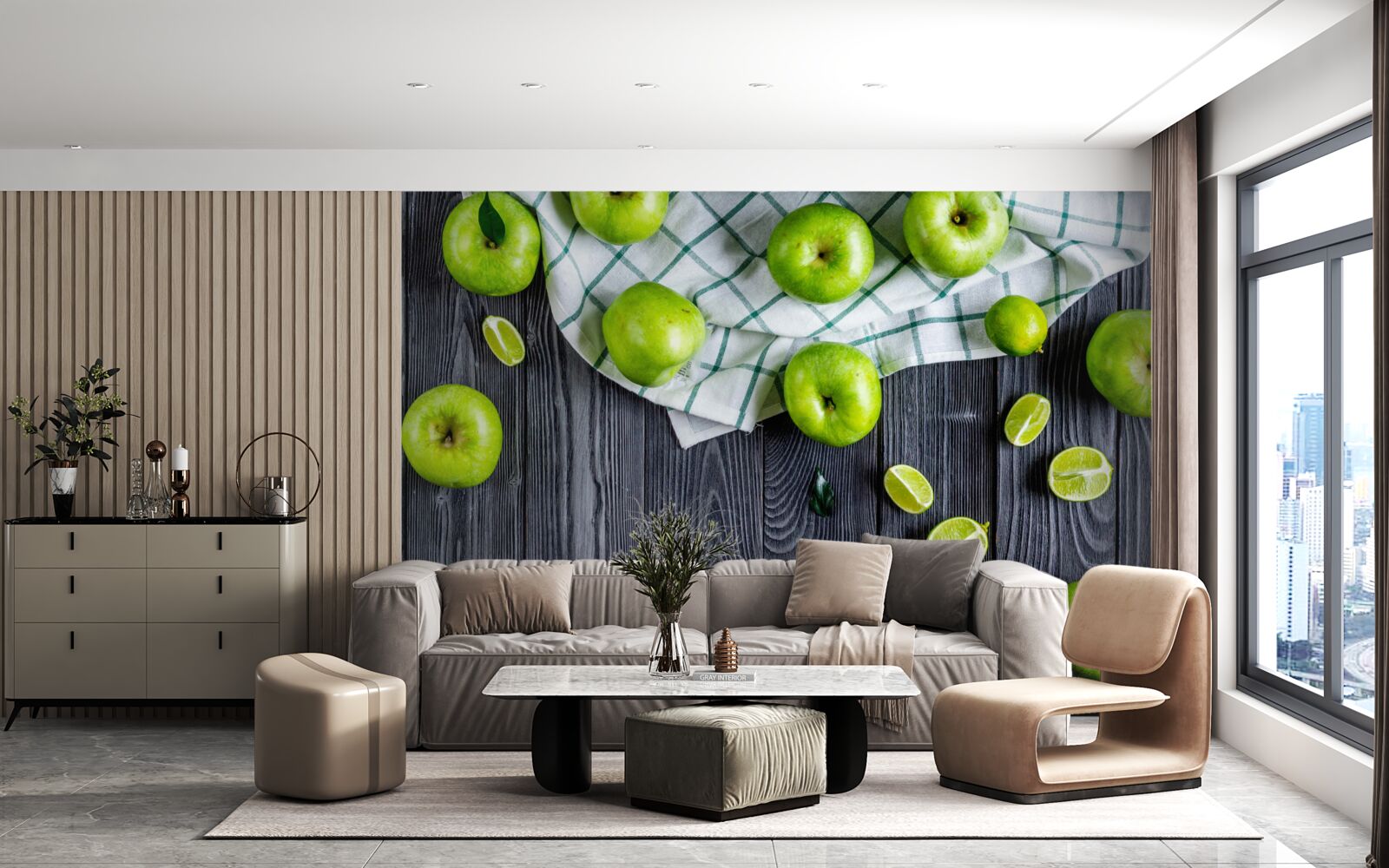 Fototapeta na stole leżą limonki i zielone jabłka
