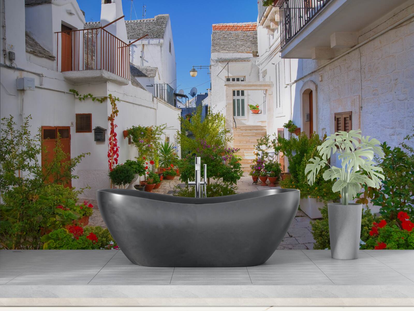 Fototapeta ulica santorini, zanurzona w zieleni
