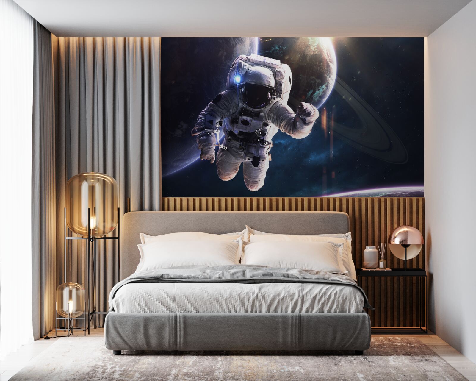 Fototapeta astronauta pozujący przed jowiszem