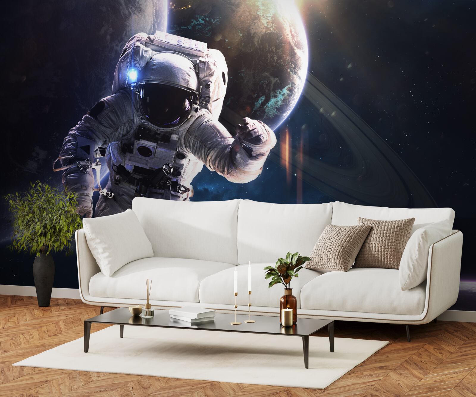 Fototapeta astronauta pozujący przed jowiszem