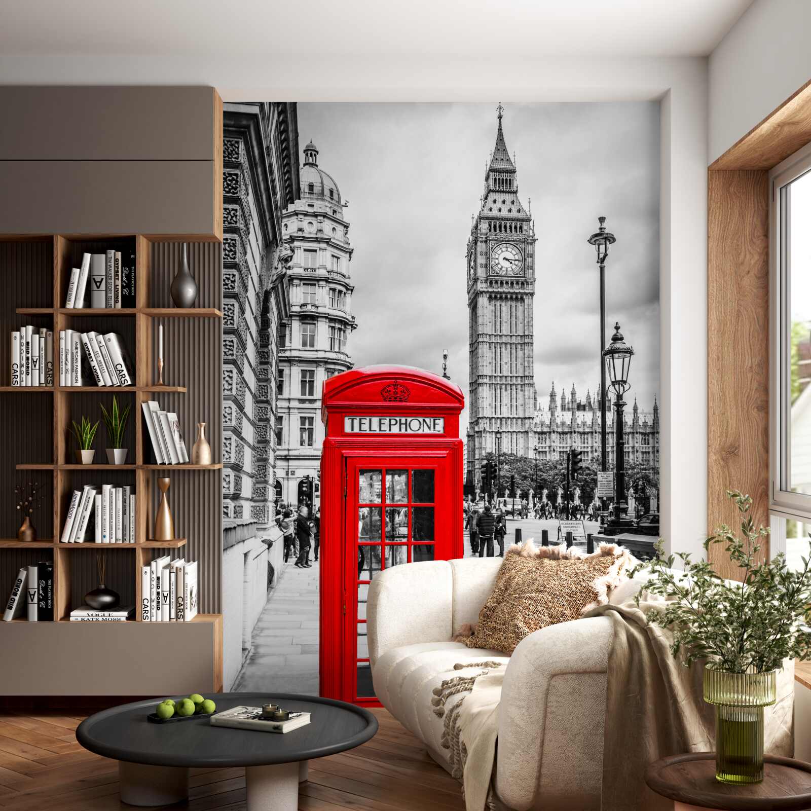 Fototapeta w tle czerwona budka telefoniczna przed big benem