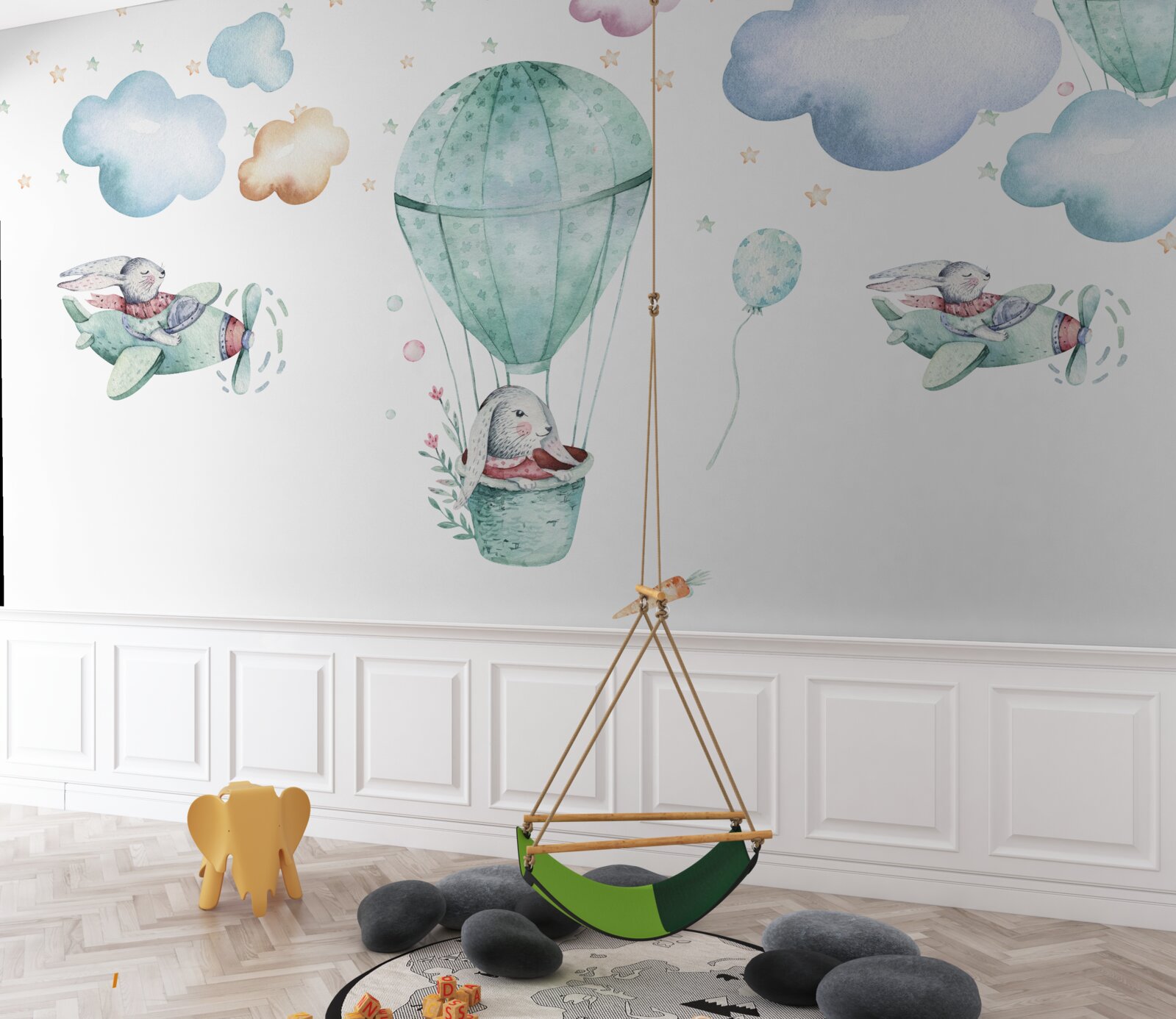 Fototapeta balony i samoloty z zającami