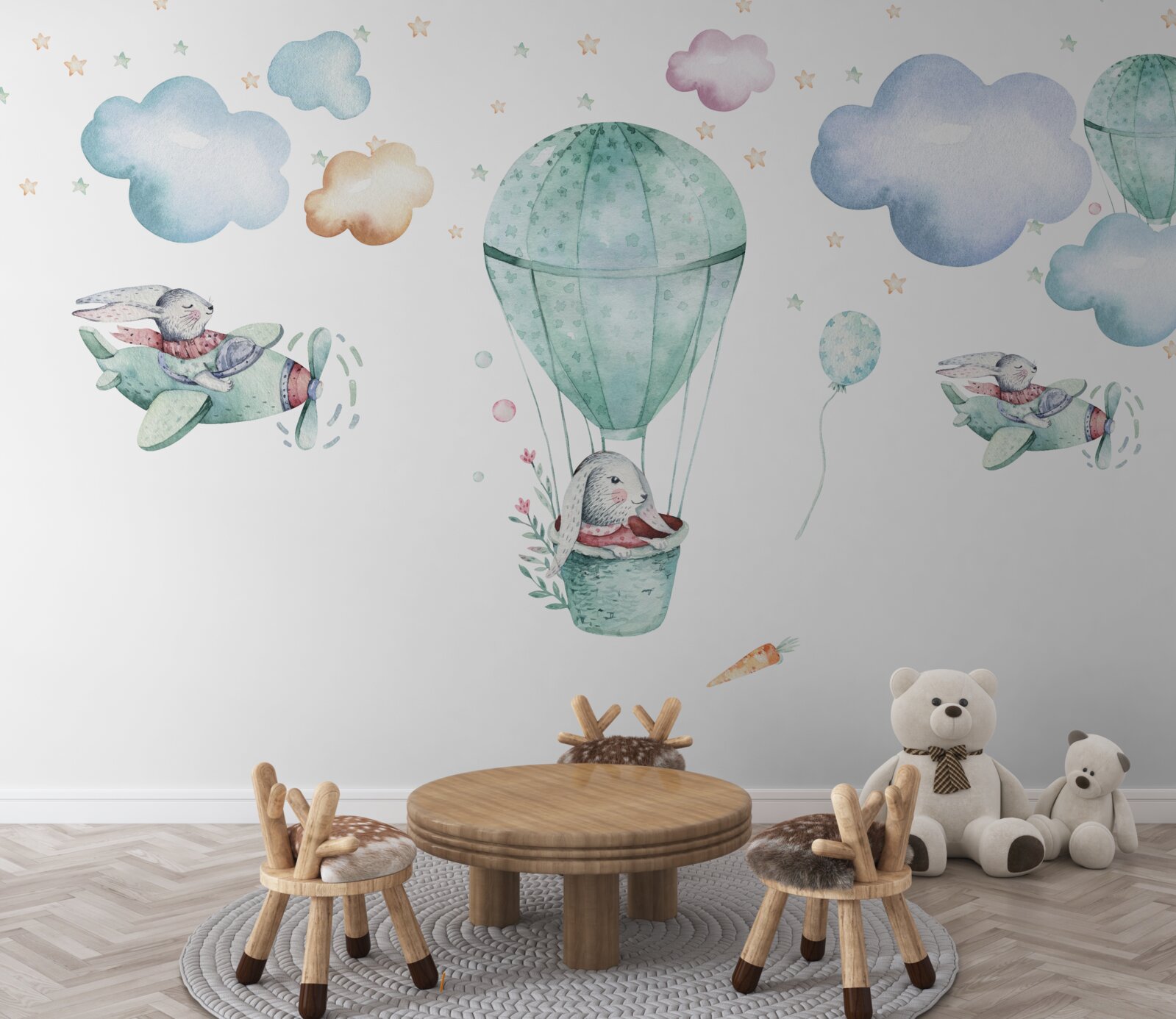 Fototapeta balony i samoloty z zającami