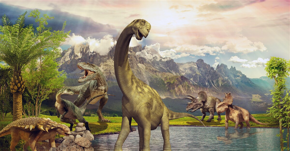 Fototapeta w pobliżu stawu pojawiły się dinozaury