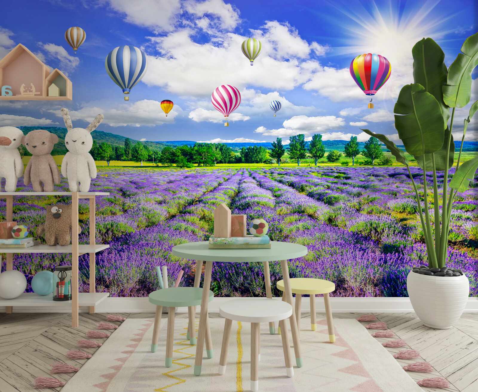 Fototapeta kolorowe balony nad polem z lawendą